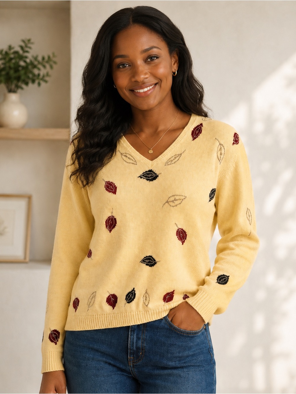 Christopher & Banks Embroidered Leaf Sweater Women’s S Yellow V-Neck Vintage
